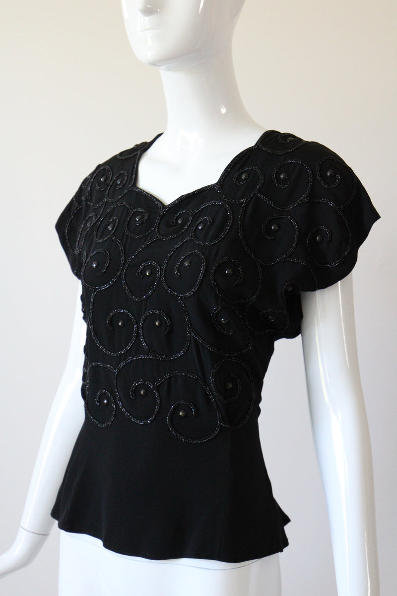 "Soutache & Studs" Vintage 1940's Black Soutache and Stud Embellished Blouse UK 10 US 6
