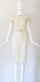 "Cream Lace & Ivory Beads" Vintage 1950's Cream Lace Beaded & Sequinned Dress UK 6 US 2