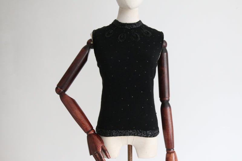 "Angora & Sequins" Vintage 1960's Black Angora Embellished Knitted Blouse UK 12-14 US 8-10