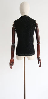 "Angora & Sequins" Vintage 1960's Black Angora Embellished Knitted Blouse UK 12-14 US 8-10