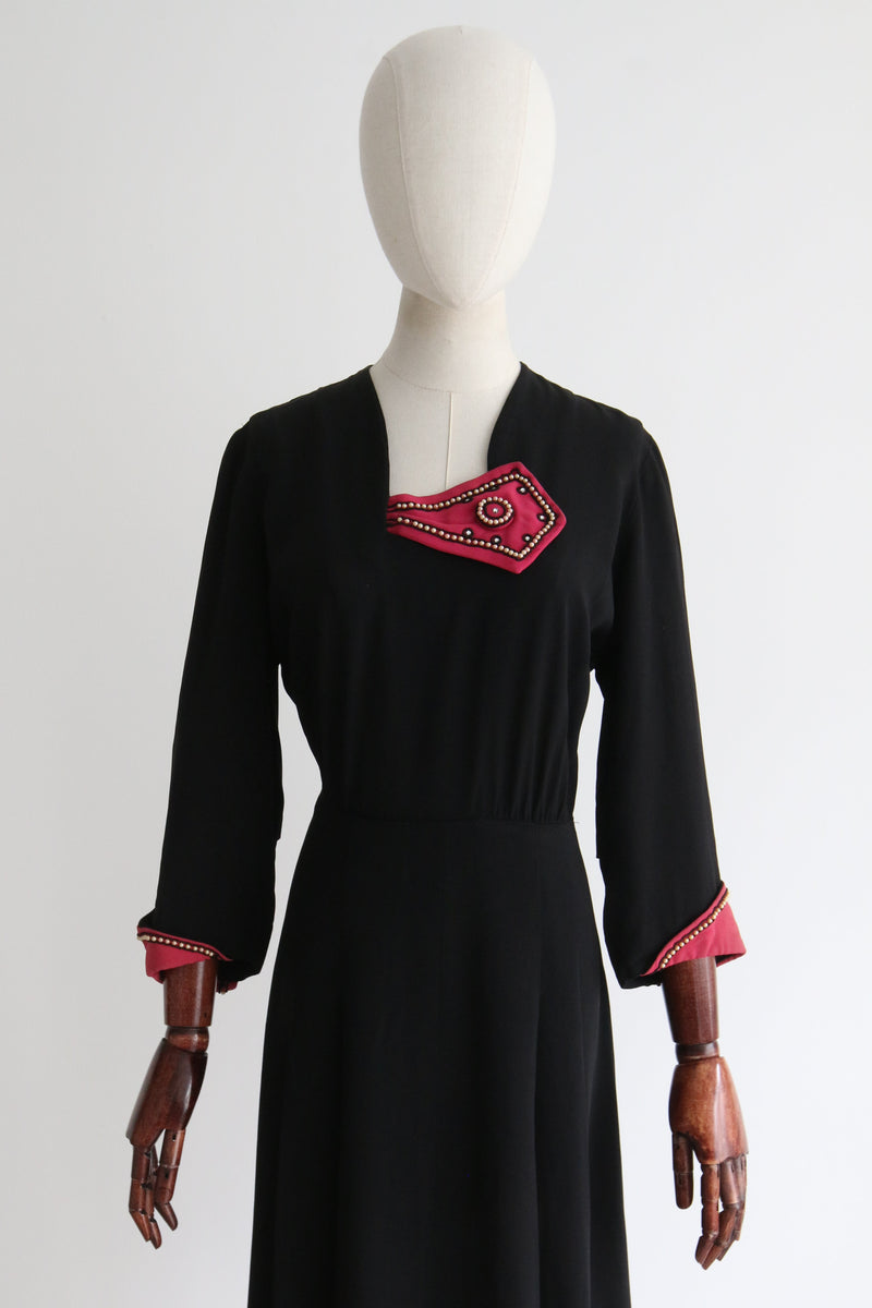 "Fuchsia & Pearls" Vintage 1940's Black & Fuchsia Rayon Embellished Dress UK 14 US 10