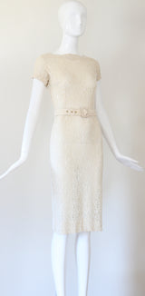 "Cream Lace & Ivory Beads" Vintage 1950's Cream Lace Beaded & Sequinned Dress UK 6 US 2