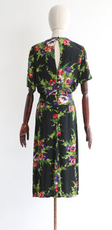 "Poppy Fields" Vintage 1940's Silk Floral Poppy Print Dress UK 10 US 6