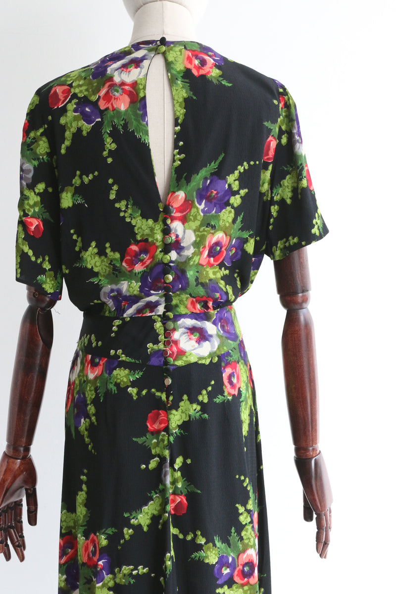 "Poppy Fields" Vintage 1940's Silk Floral Poppy Print Dress UK 10 US 6