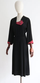"Fuchsia & Pearls" Vintage 1940's Black & Fuchsia Rayon Embellished Dress UK 14 US 10