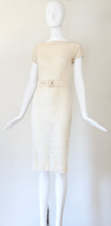"Cream Lace & Ivory Beads" Vintage 1950's Cream Lace Beaded & Sequinned Dress UK 6 US 2