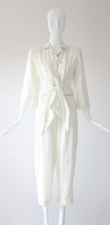 "Ivory Brocade" Vintage 1940's Ivory Floral Silk Brocade Loungewear Set UK 4 US 0