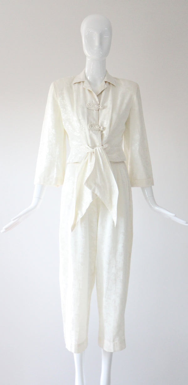 "Ivory Brocade" Vintage 1940's Ivory Floral Silk Brocade Loungewear Set UK 4 US 0