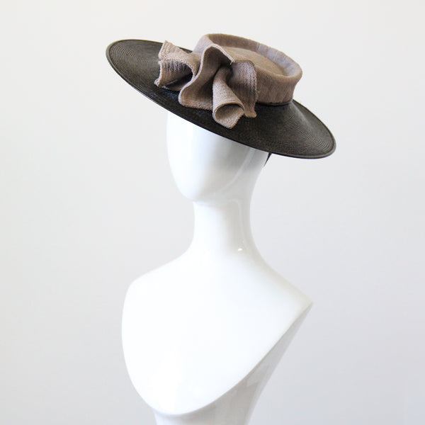 "Tailored Straw" Vintage 1940's Black Straw Tilted Saucer Hat