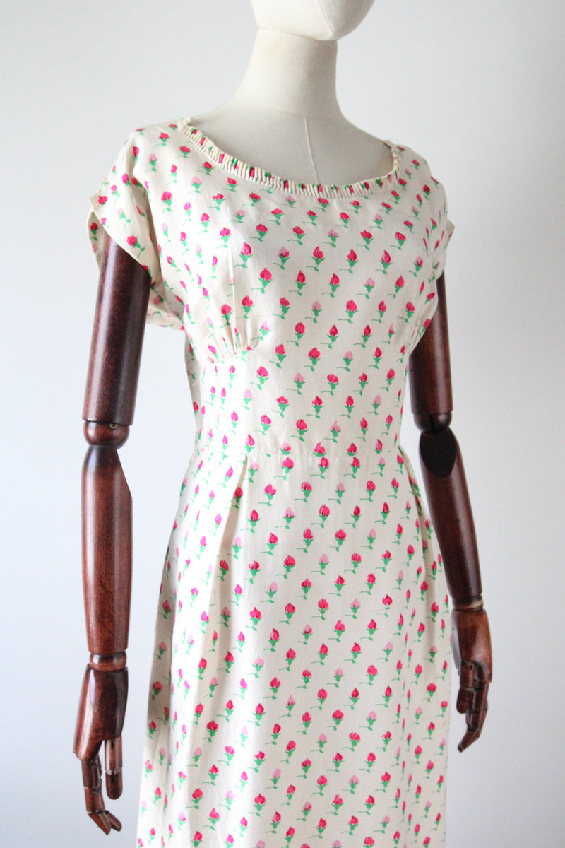 "Raw Silk Rose Buds" Vintage 1950's Raw Silk Rose Print Dress and Jacket UK 8-10 US 4-6