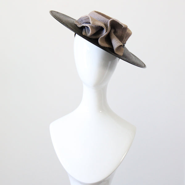"Tailored Straw" Vintage 1940's Black Straw Tilted Saucer Hat