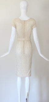 "Cream Lace & Ivory Beads" Vintage 1950's Cream Lace Beaded & Sequinned Dress UK 6 US 2