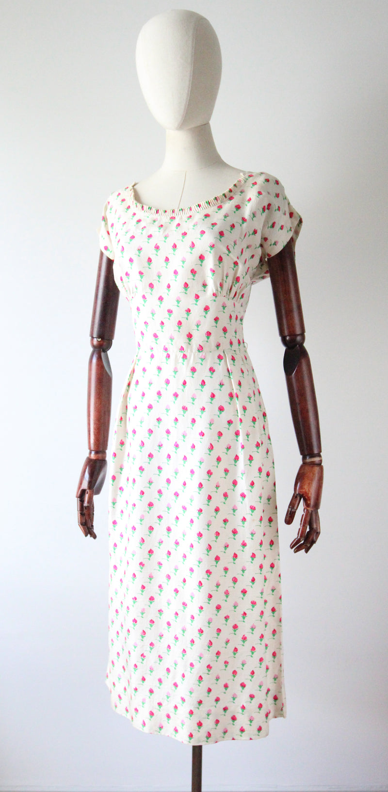 "Raw Silk Rose Buds" Vintage 1950's Raw Silk Rose Print Dress and Jacket UK 8-10 US 4-6