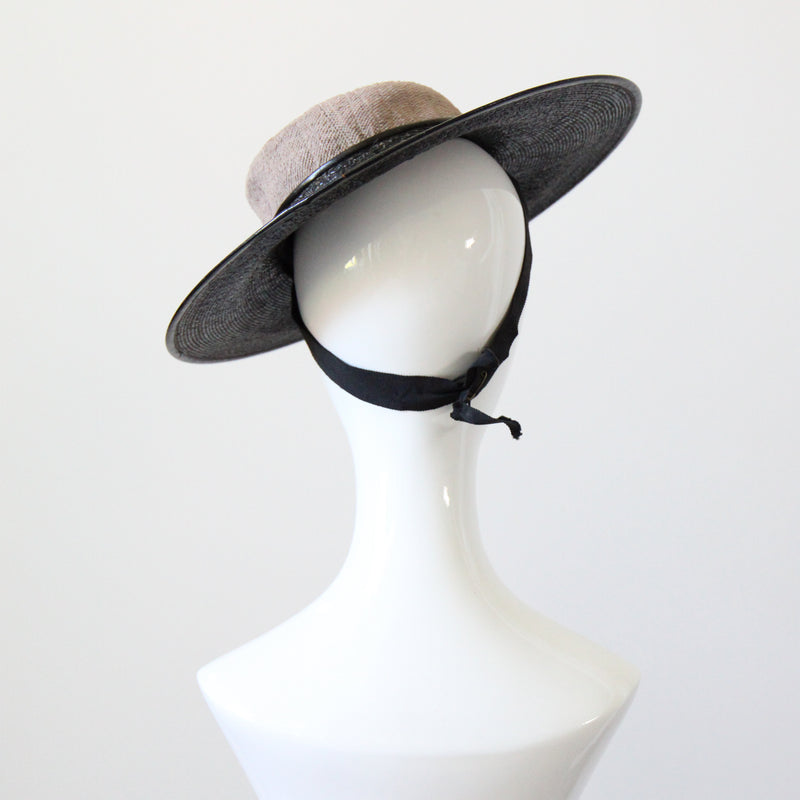 "Tailored Straw" Vintage 1940's Black Straw Tilted Saucer Hat