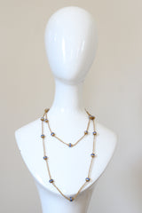 "Sapphire Blue Rhinestones" Vintage 1920's Gold Woven Chain & Rhinestone Bead Necklace