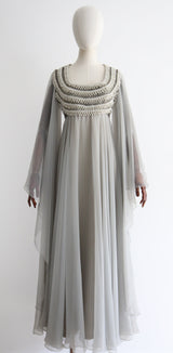 "Dove Rhinestones" Vintage 1970's Mike Benet Chiffon Beaded Gown UK 10 US 6