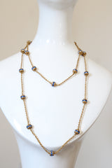 "Sapphire Blue Rhinestones" Vintage 1920's Gold Woven Chain & Rhinestone Bead Necklace