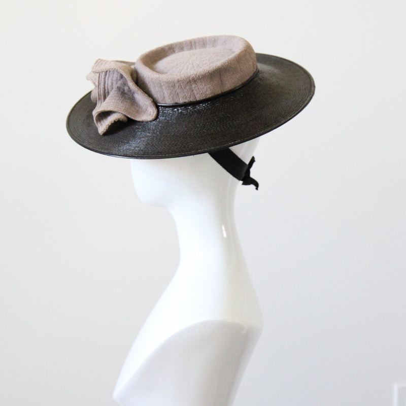 "Tailored Straw" Vintage 1940's Black Straw Tilted Saucer Hat