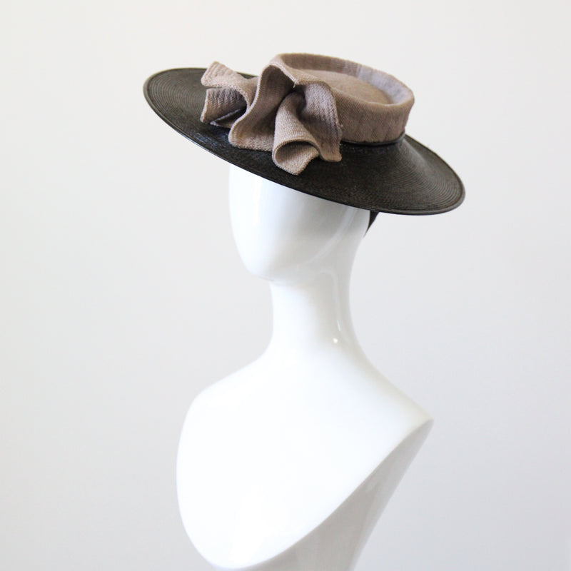 "Tailored Straw" Vintage 1940's Black Straw Tilted Saucer Hat