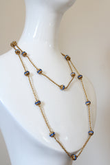 "Sapphire Blue Rhinestones" Vintage 1920's Gold Woven Chain & Rhinestone Bead Necklace
