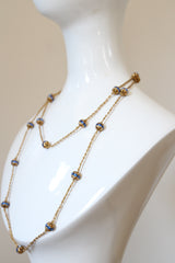 "Sapphire Blue Rhinestones" Vintage 1920's Gold Woven Chain & Rhinestone Bead Necklace