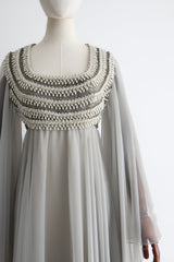 "Dove Rhinestones" Vintage 1970's Mike Benet Chiffon Beaded Gown UK 10 US 6