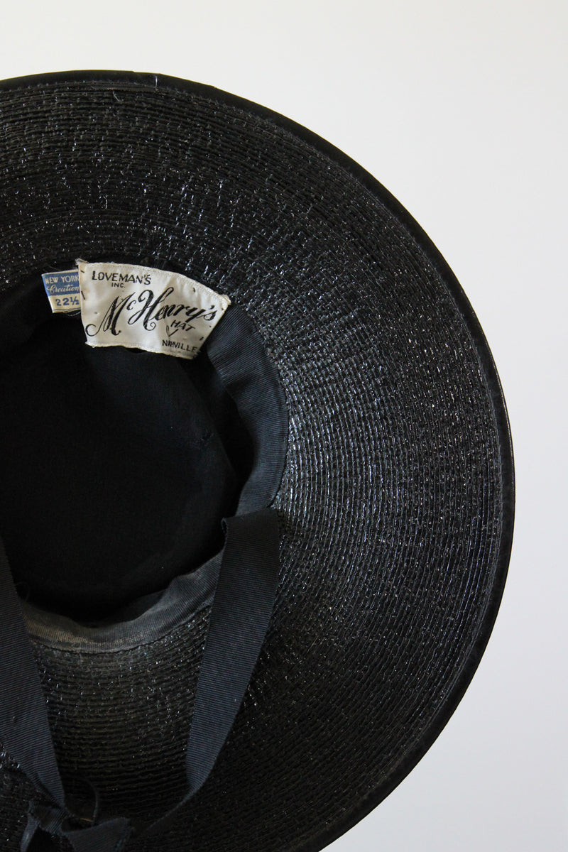 "Tailored Straw" Vintage 1940's Black Straw Tilted Saucer Hat