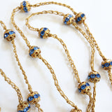 "Sapphire Blue Rhinestones" Vintage 1920's Gold Woven Chain & Rhinestone Bead Necklace