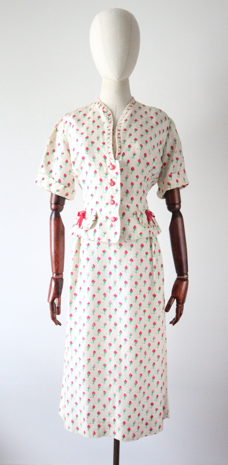 "Raw Silk Rose Buds" Vintage 1950's Raw Silk Rose Print Dress and Jacket UK 8-10 US 4-6