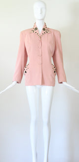 "Black Floral Beadwork" Vintage 1940's Pink Beaded Jacket UK 12 US 8