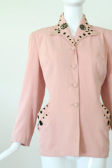 "Black Floral Beadwork" Vintage 1940's Pink Beaded Jacket UK 12 US 8