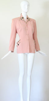 "Black Floral Beadwork" Vintage 1940's Pink Beaded Jacket UK 12 US 8