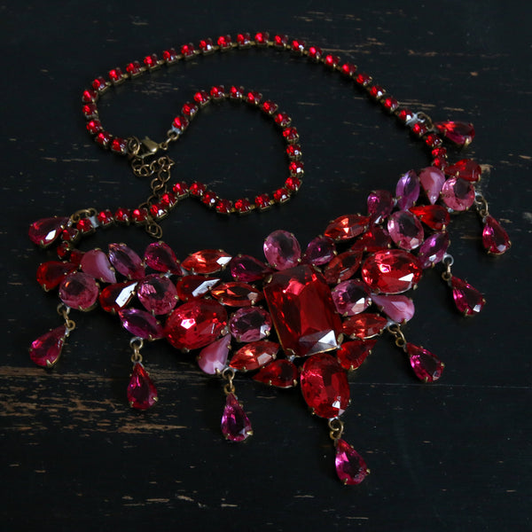 "Rose Tinted Rhinestones" Vintage 1960's Statement Rose Rhinestone Necklace