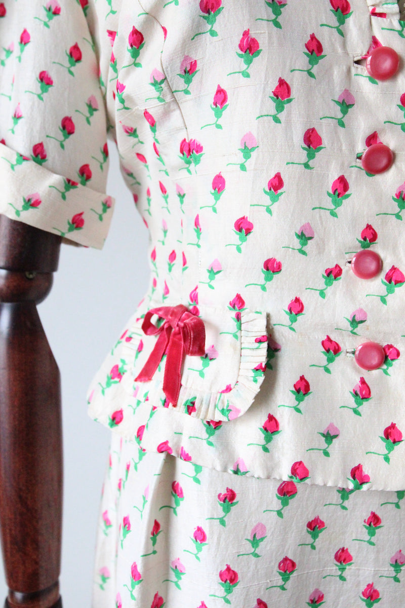 "Raw Silk Rose Buds" Vintage 1950's Raw Silk Rose Print Dress and Jacket UK 8-10 US 4-6