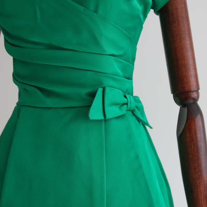"Emerald Bow" Vintage 1950's Emerald Green Pleated Bow Dress UK 8 US 4