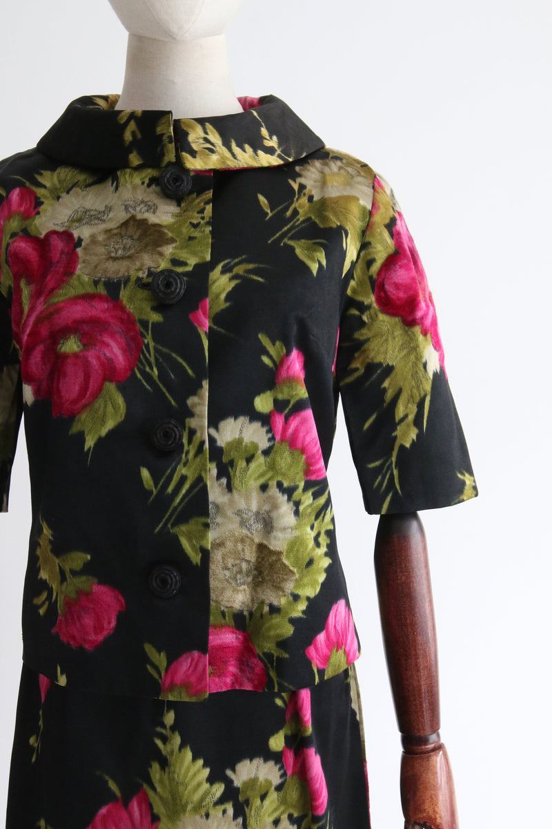 "Silk Velvet Florals & Satin" Vintage 1950's Floral Dress & Jacket UK 10 US 6