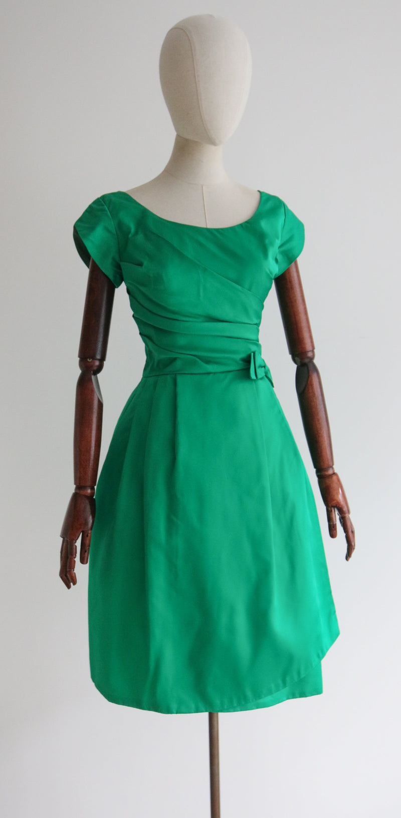 "Emerald Bow" Vintage 1950's Emerald Green Pleated Bow Dress UK 8 US 4