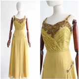 "Chartreuse Pleats" Vintage 1940's Chartreuse Silk Chiffon & Beaded Evening Dress UK 12 US 8