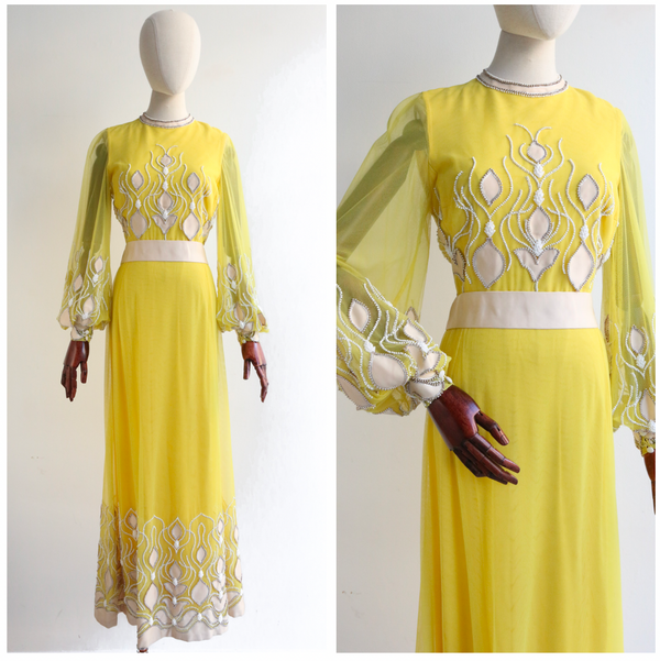 "Sicilian Yellow" Vintage 1960's Beaded Tulle Gown UK 10 US 6