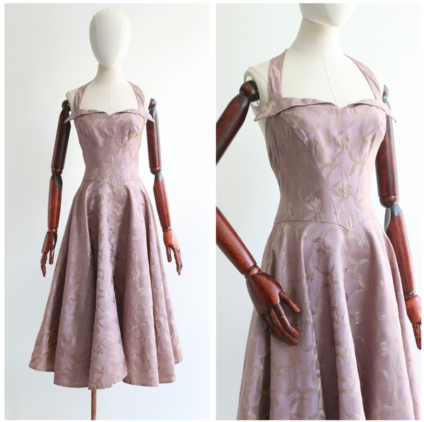 "Lilac Ribbons" Vintage 1950's Silk Brocade Halter Neck Dress UK 10 US 6