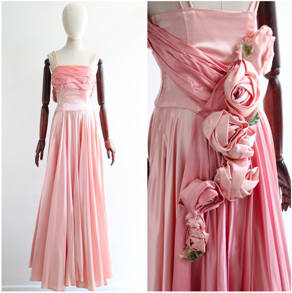 "Satin Roses" Vintage 1950's Duchess Satin Rose Embellished Dress UK 10 US 6