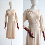 "Velvet Soutache & Satin" Vintage 1950's Cream Jersey Embellished Dress UK 12 US 8
