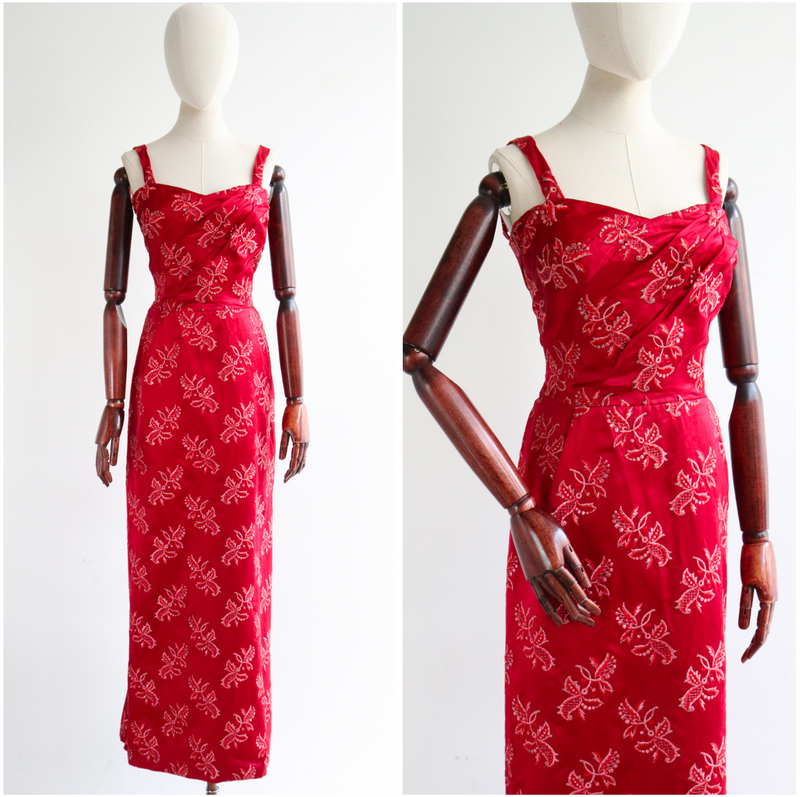 "Venetian Red Satin & Lamé" Vintage Late 1950's Red Satin & Lamé Embroidered Gown UK 8-10 US 4-6