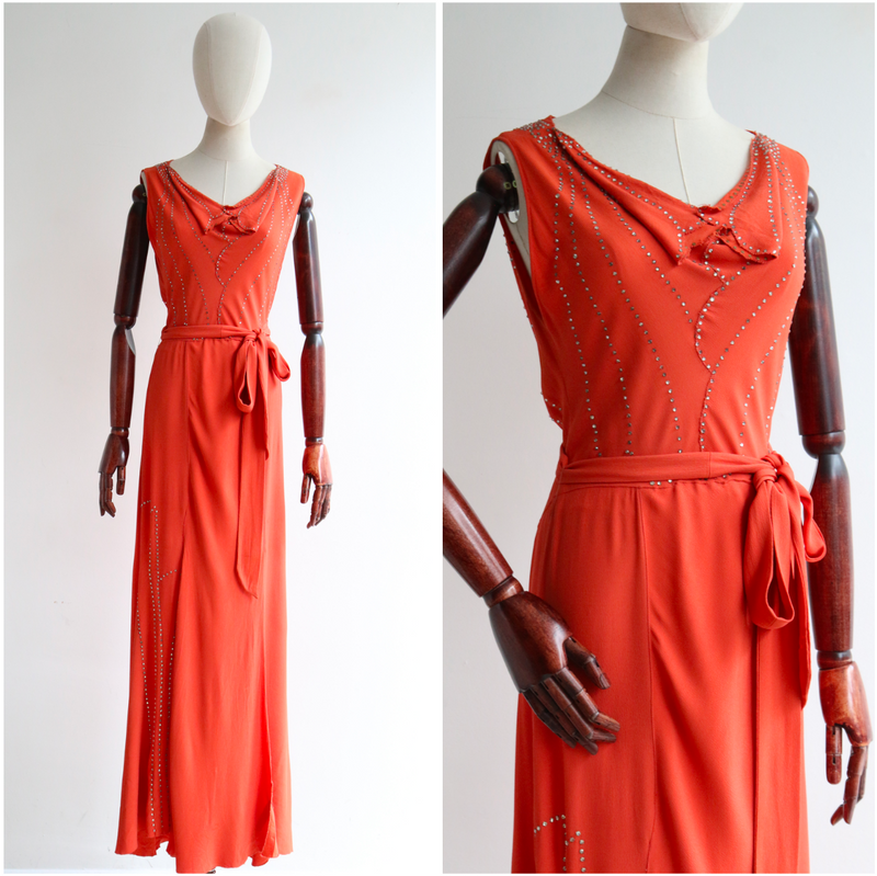 "Coral Silk & Rhinestones" Vintage 1930's Coral & Rhinestone Crepe Silk Dress UK 12 US 8