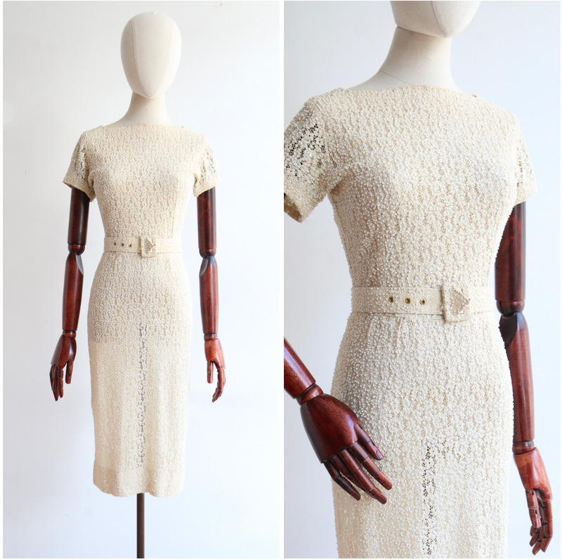 "Cream Lace & Ivory Beads" Vintage 1950's Cream Lace Beaded & Sequinned Dress UK 6 US 2
