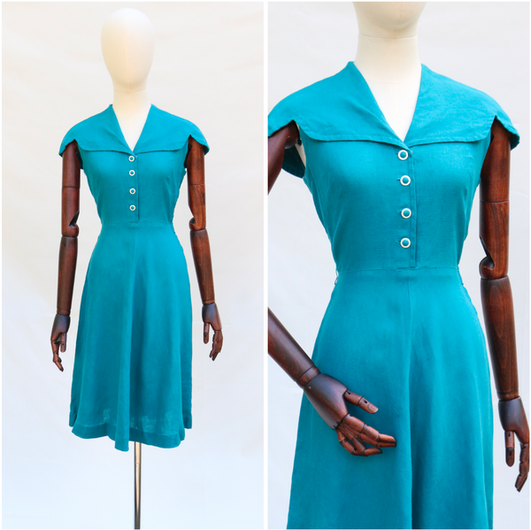 "Cyan Blue Linen" Vintage 1940's Cyan Blue Linen Dress UK 8 US 4
