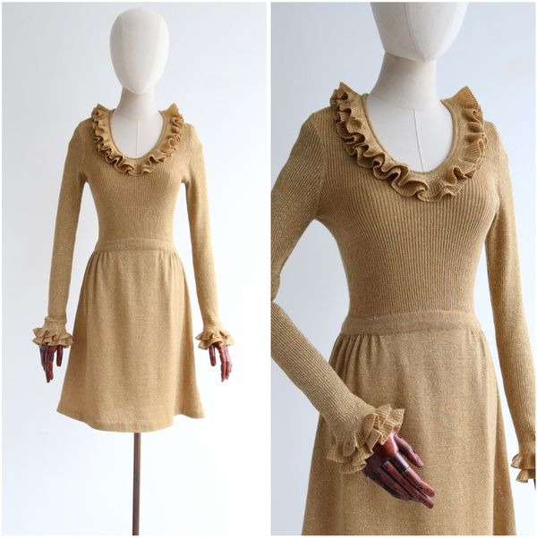 "Gold Wool & Lurex" Vintage 1960's Gold Wool & Lurex Thread Dress UK 8-10 US 4-6