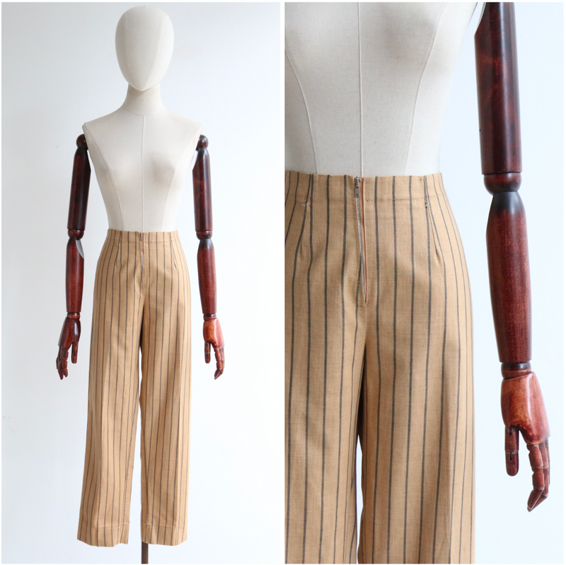 "Tan Pinstripe" Vintage 1960's Tan Coloured Pinstripe Trousers UK 10-12 US 6-8