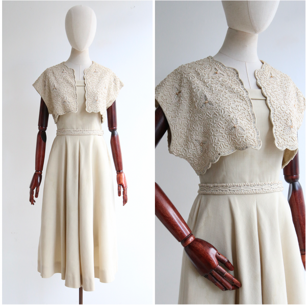 "Cream Soutache & Silver Rhinestones" Vintage 1950's Strapless Dress & Bolero UK 10 US 6