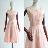 "Pink Floral Linen Embroidery" Vintage 1950's Pink Linen Floral Embroidered Dress UK 6 US 4
